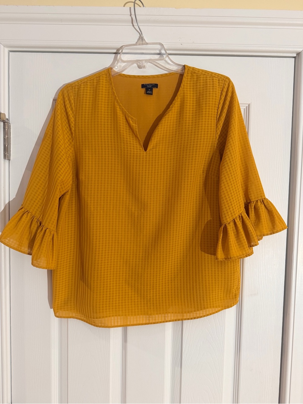 Ladies Size MP "Ann Taylor" Mustard Yellow Ruffle-Sleeve Blouse GUC